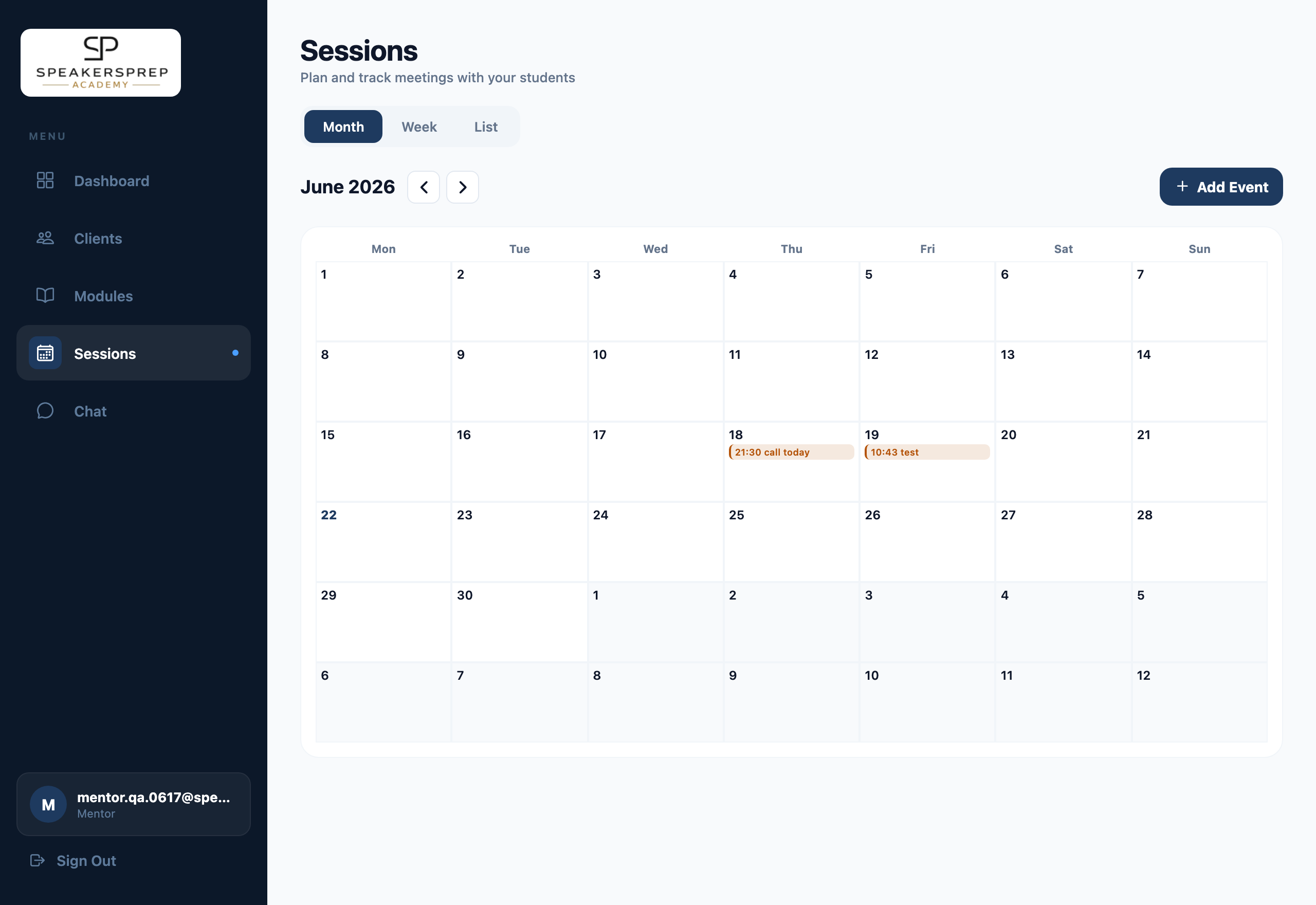 The sessions calendar on desktop