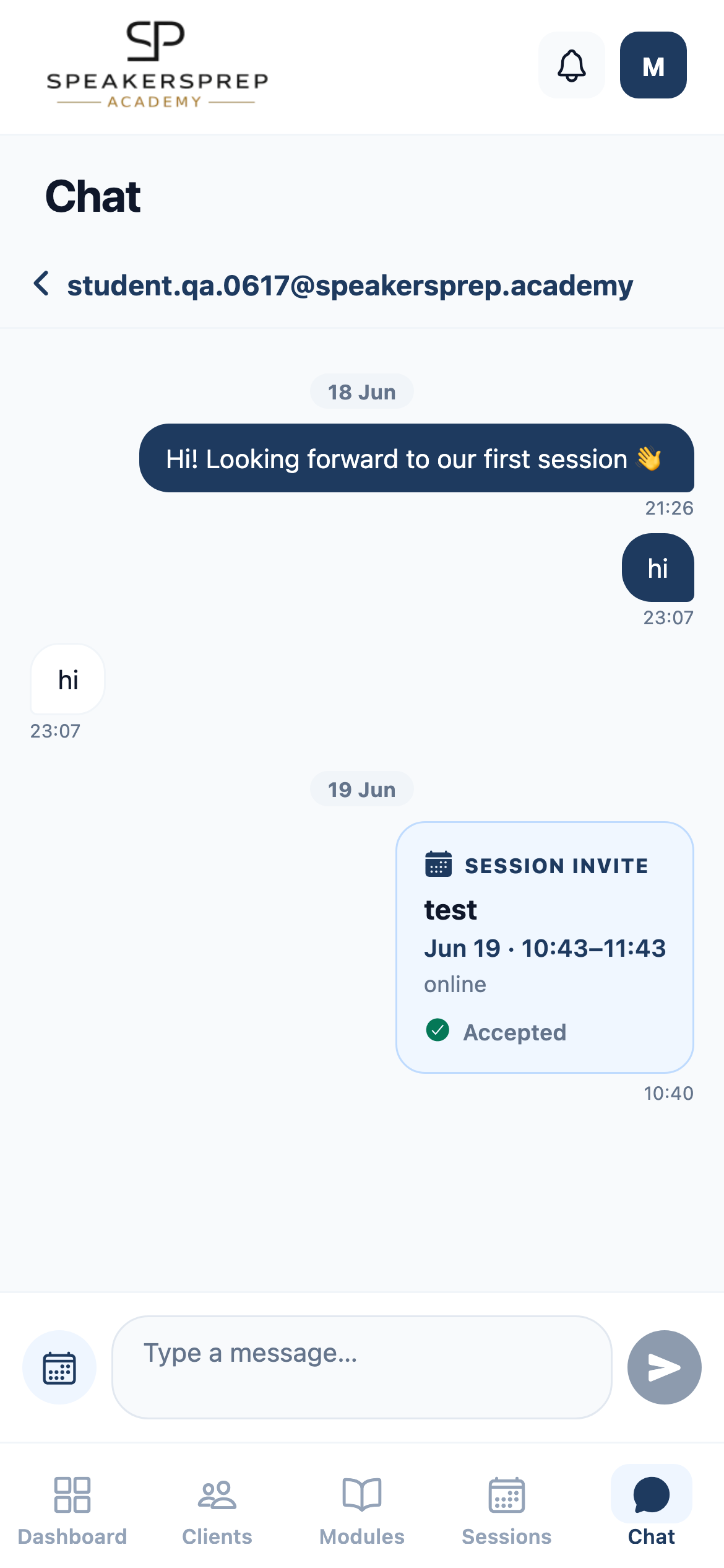 Chat with a session invite in the Synapspace app