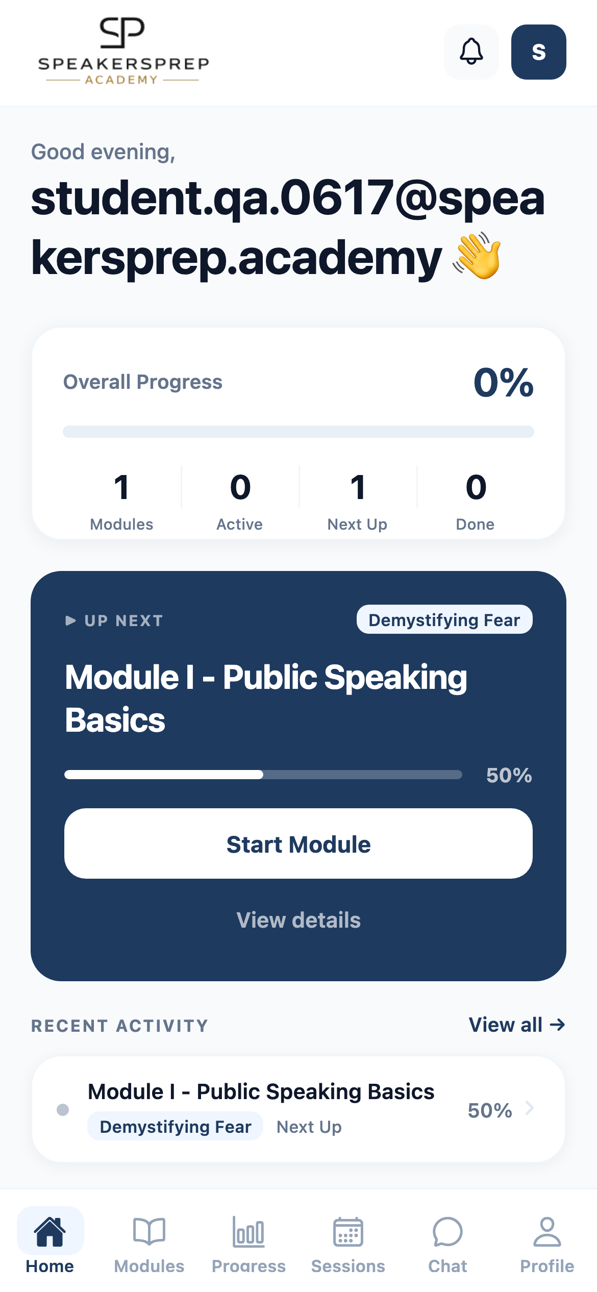 The student home screen on mobile