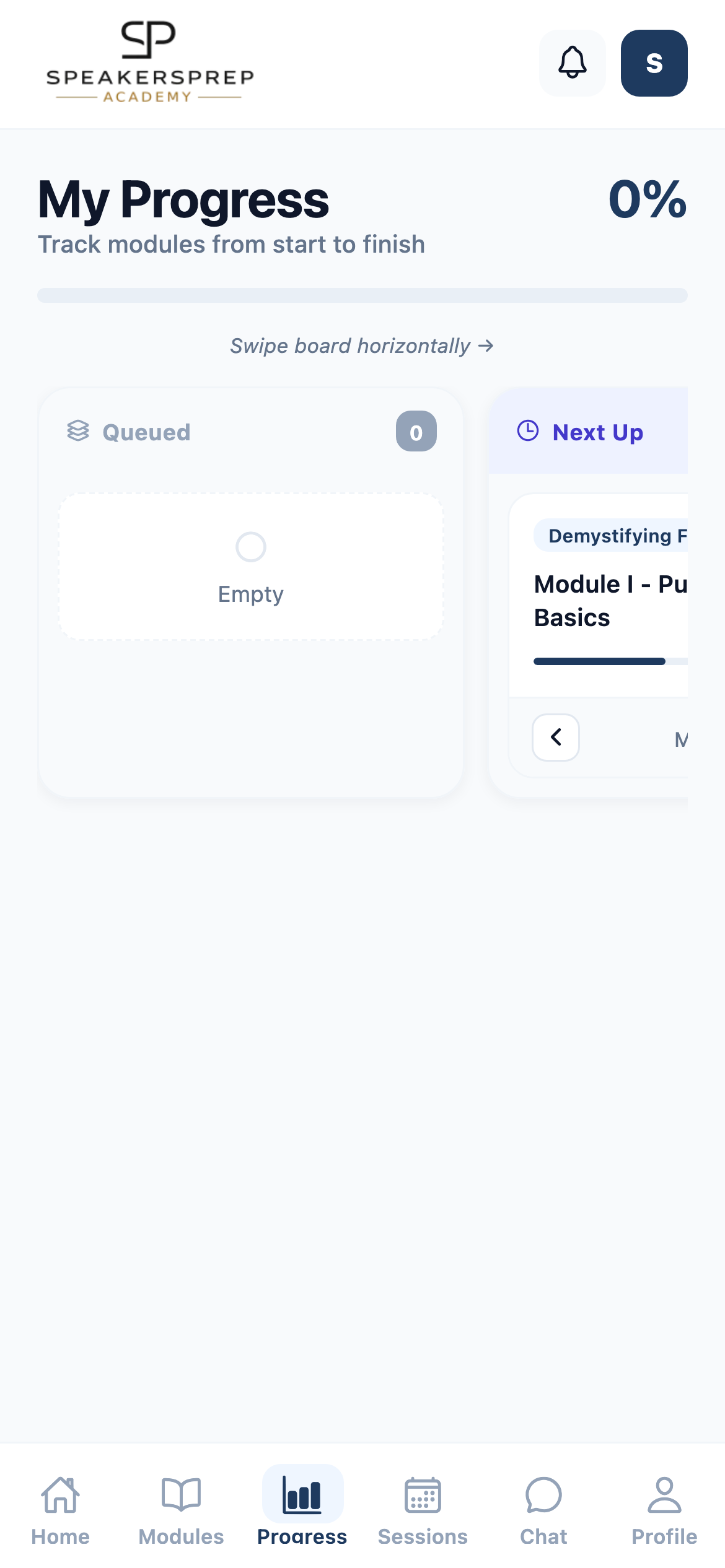 The student progress board on mobile